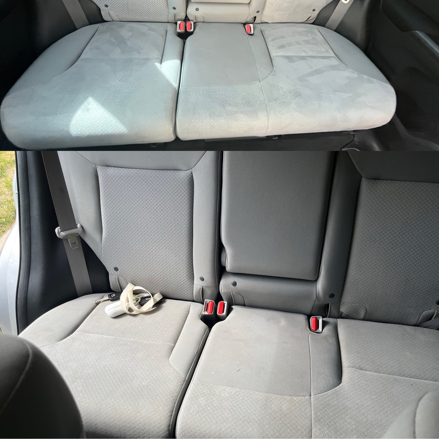 Before and after of a rear seat cleaned by Kwix